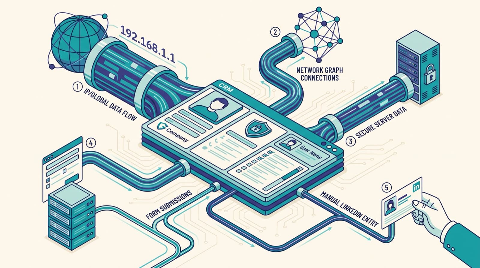 Diagram of five methods to identify anonymous website visitors — reverse-IP, identity graph, server-side, form fill and LinkedIn — feeding a CRM.