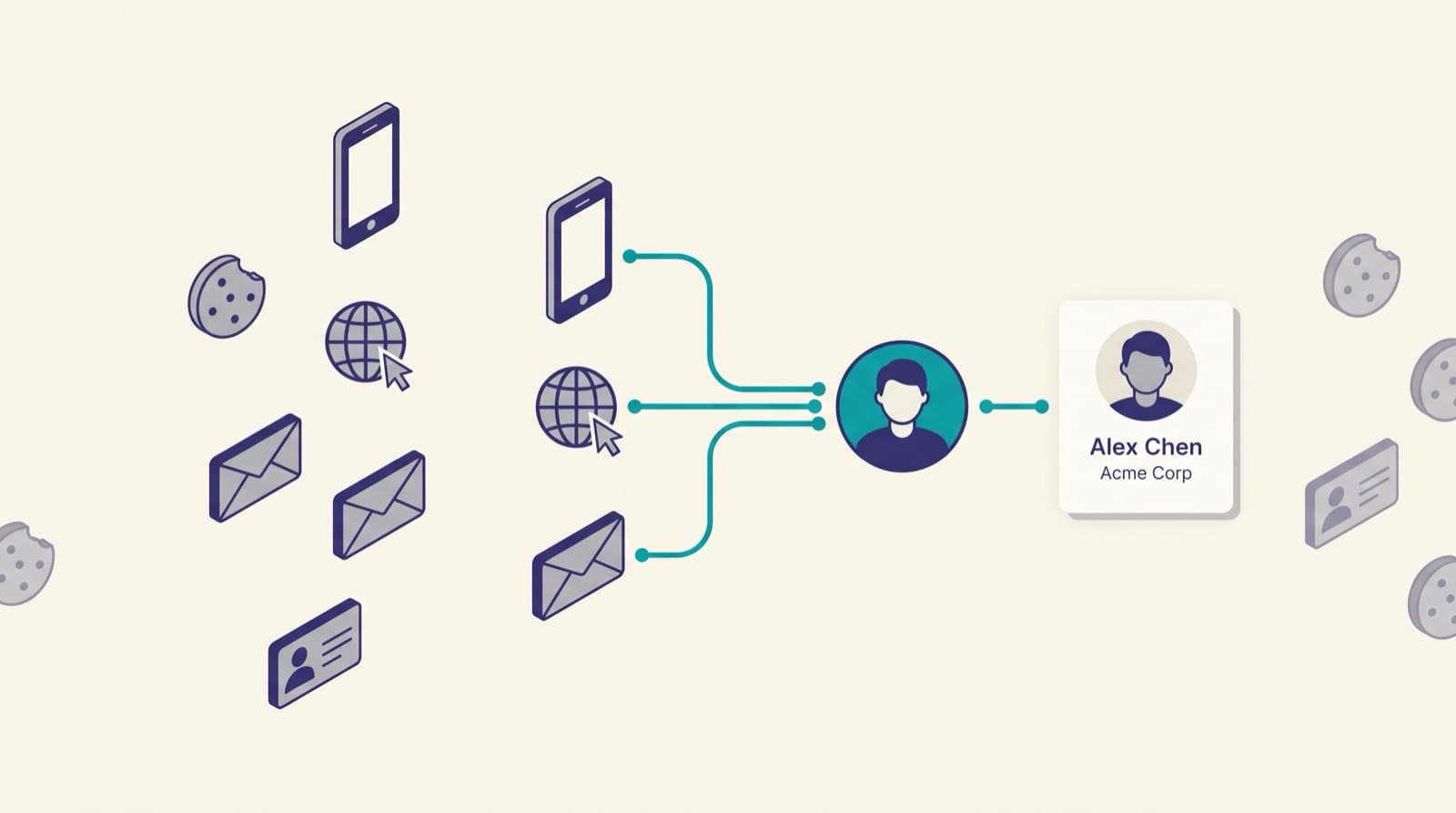 Isometric diagram of an identity graph pulling a cookie, device, IP address, hashed email and LinkedIn card into one resolved person profile.