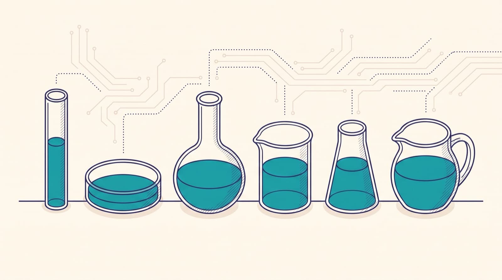 Isometric illustration of six differently shaped measuring vessels holding the same volume of liquid, each labelled with a different pricing unit